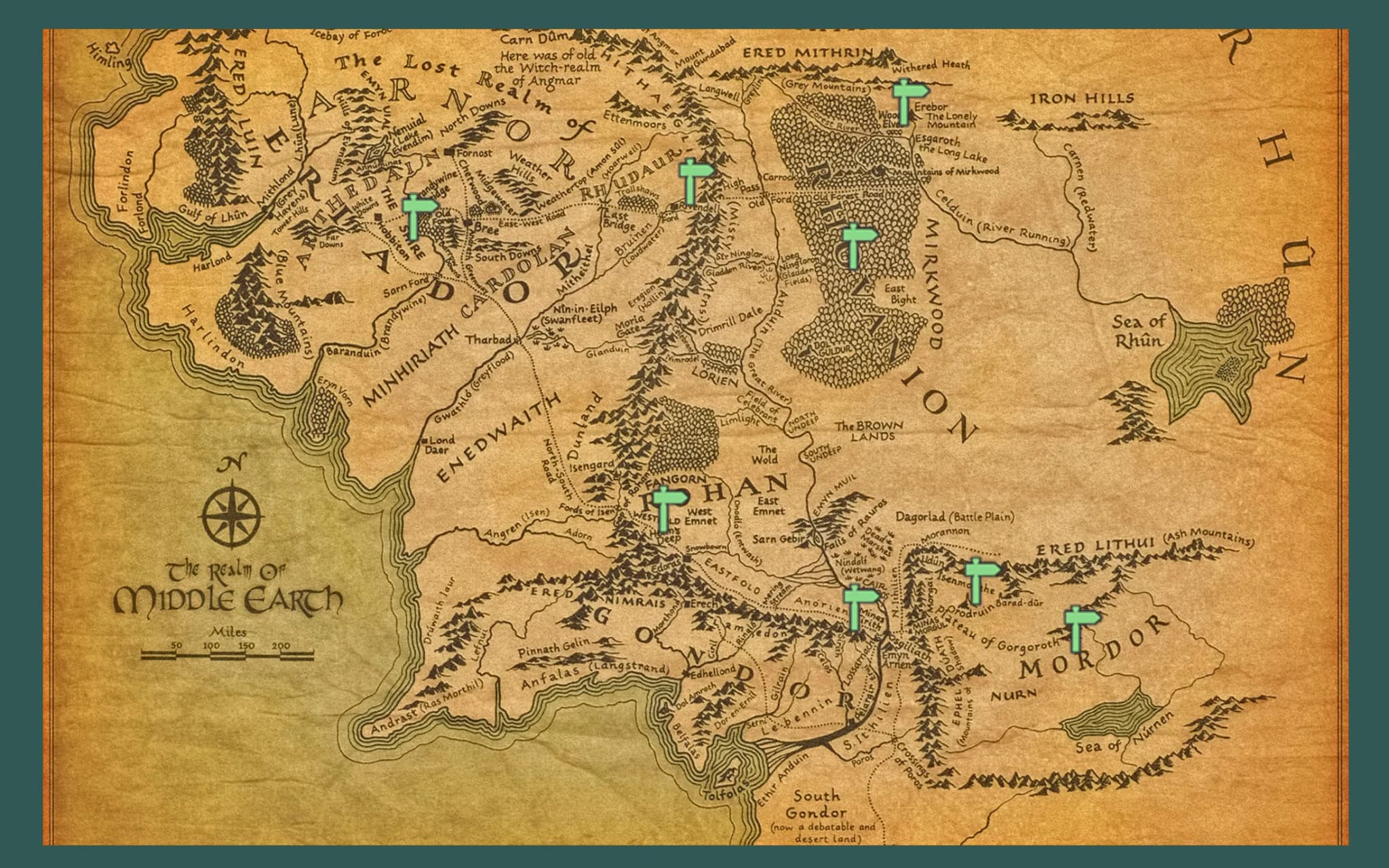 Interactive map of Middle-Earth with clickable location pins